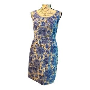 TALBOTS sheath cotton dress, muted blue florals, size 8P, defined waist, lined